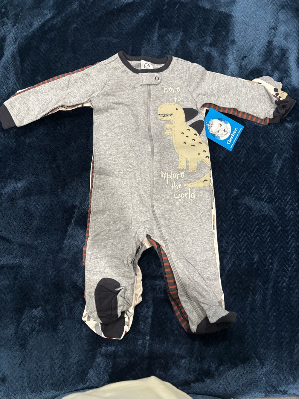 Gerber Gray Footed One-Piece with Yellow Dinosaur and Dark Trim